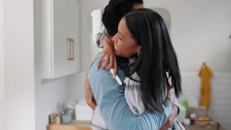 pregnant, hug and excited couple with test