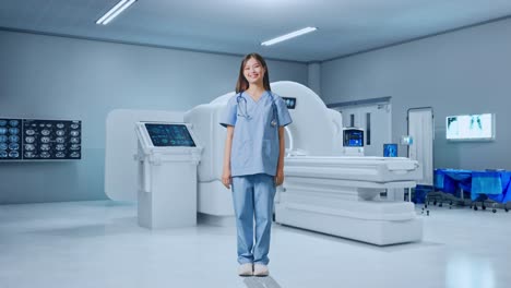 full body of asian female doctor smiling with mri machine