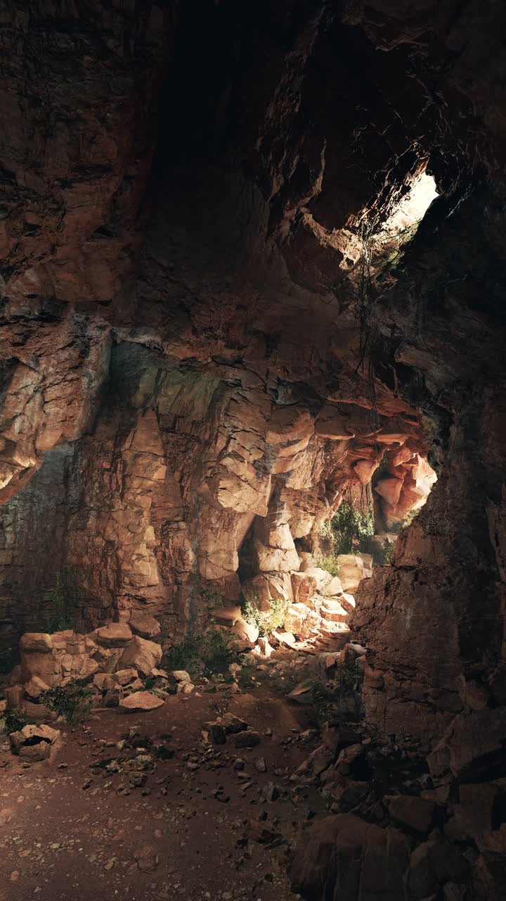 una vista dentro de una cueva oscura con una pequeña abertura en el extremo, dejando entrar la luz