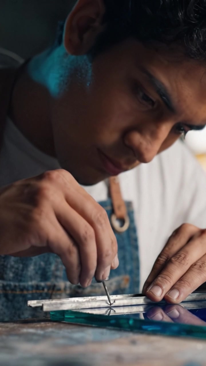 Skilled Artisan Focuses on Crafting Intricate Glass Pieces with Precision and Care, Showcasing Technique and Dedication to the Art of Glassmaking