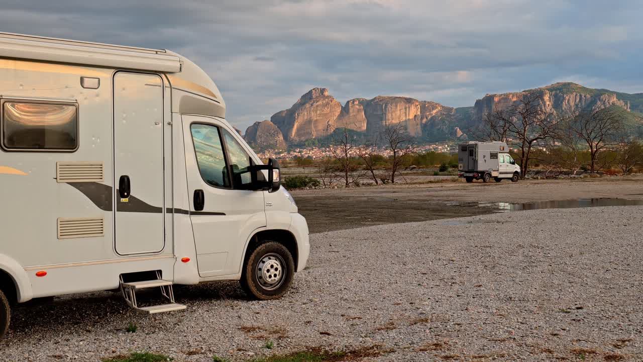 Motorhome parked in Meteora, Greece with stunning mountain views