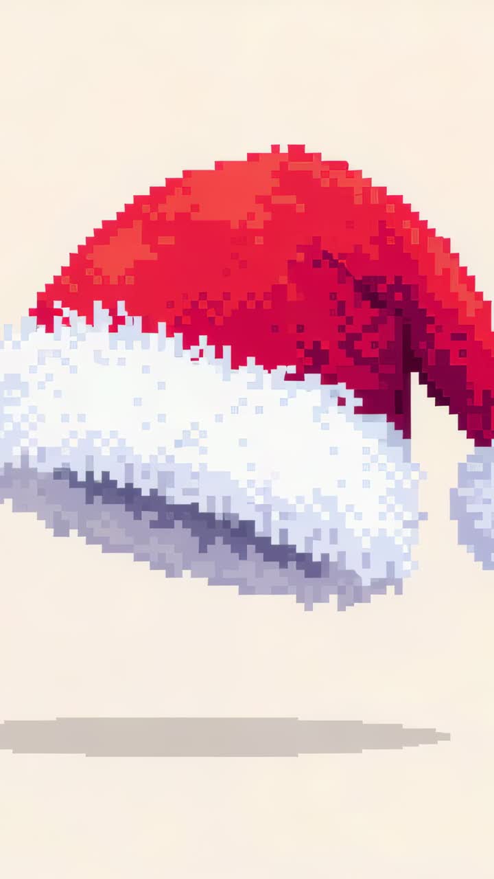 Vertical video: Loop starting, pixel-art red Santa hat bobbing and tilting with shadow on beige
