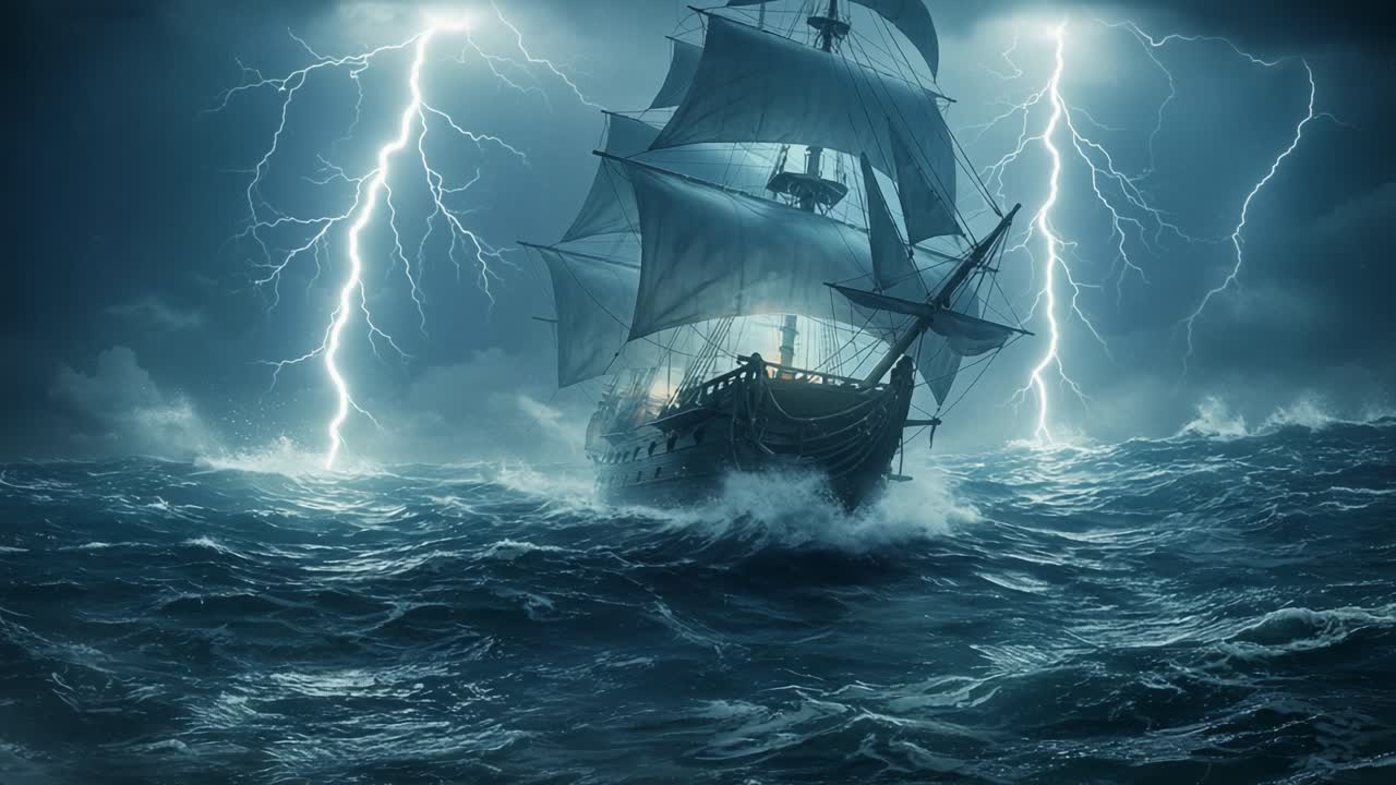 A Majestic Ship Braving the Stormy Seas Amidst Thunder and Lightning, Showcasing the Power of Nature and Human Resilience in Adverse Conditions