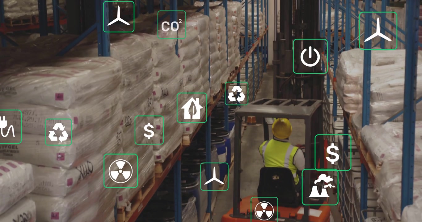 Operator starting forklift, moving down aisle while AR icons shifting to show pallet metrics