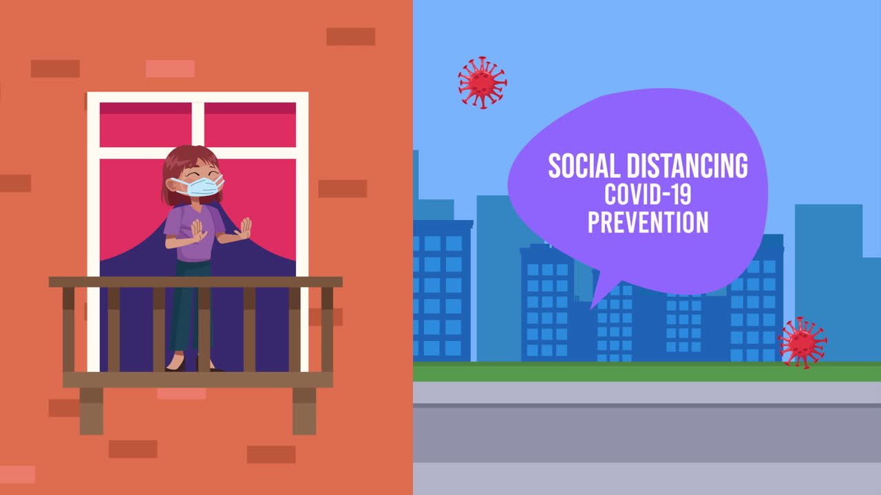 woman with social distancing covid19 prevention message in apartment window