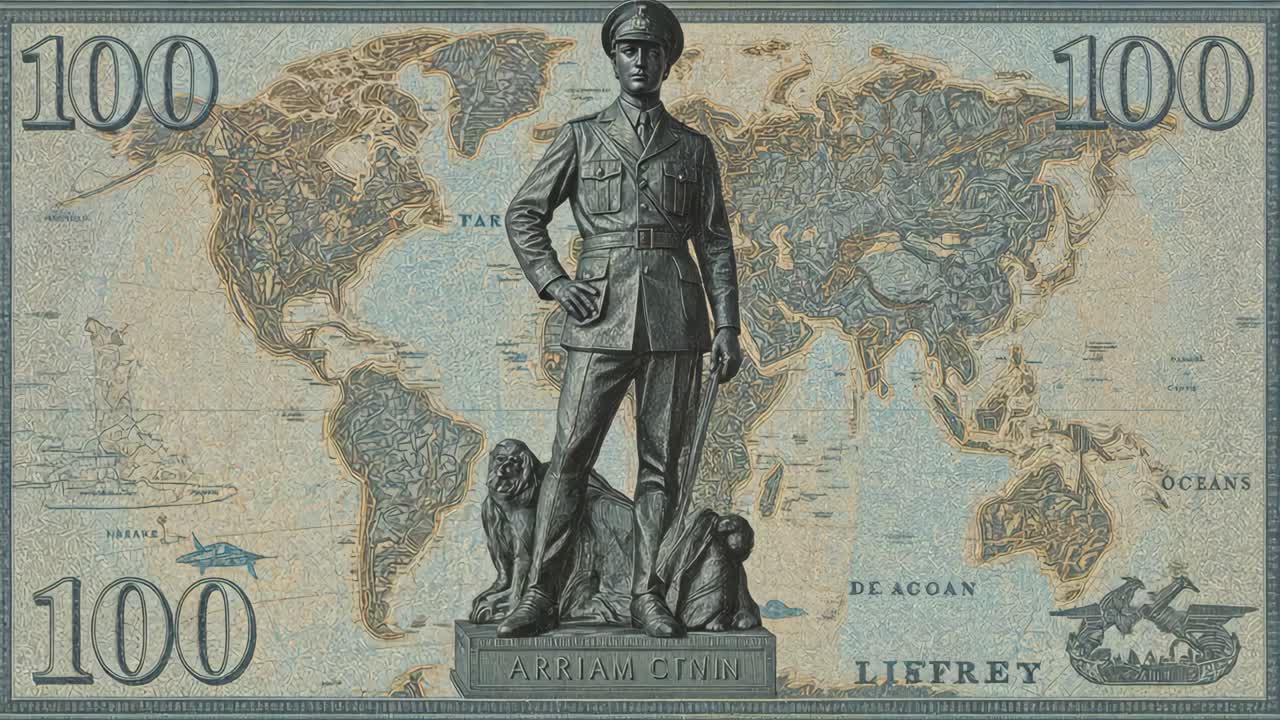 Statue of a soldier in military uniform on a world map background
