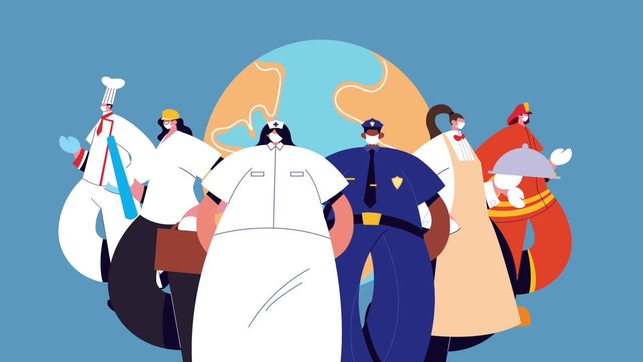 의료 마스크를 착용한 전문직 노동자 그룹