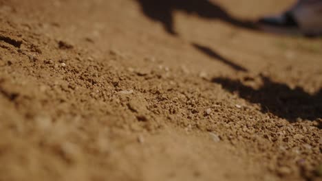 close-up of dry soil with a shovel