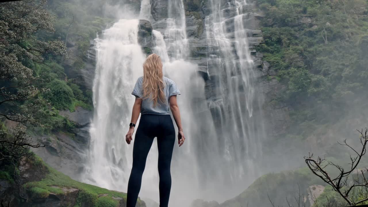 A woman stands in awe before the roaring Bomburu Ella Waterfalls, surrounded by mist, jungle, and rocky cliffs in the lush highlands of Nuwara Eliya, Sri Lanka.