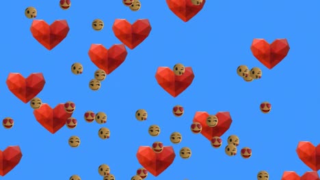 Multiple-face-emojis-and-heart-icons-floating-against-blue-background