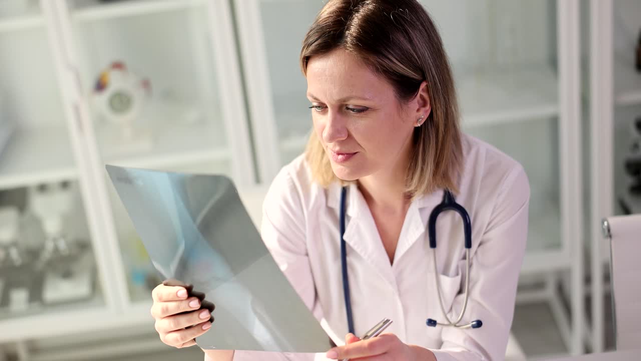 médica examinando rayos x.