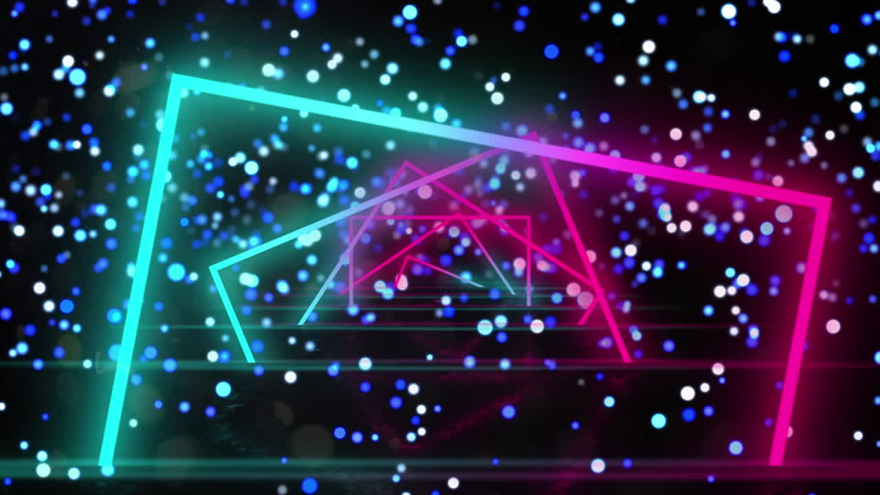 네온 사각형이 원활하게 회전하고 검은 바탕에 푸른 빛의 반점이 있습니다.