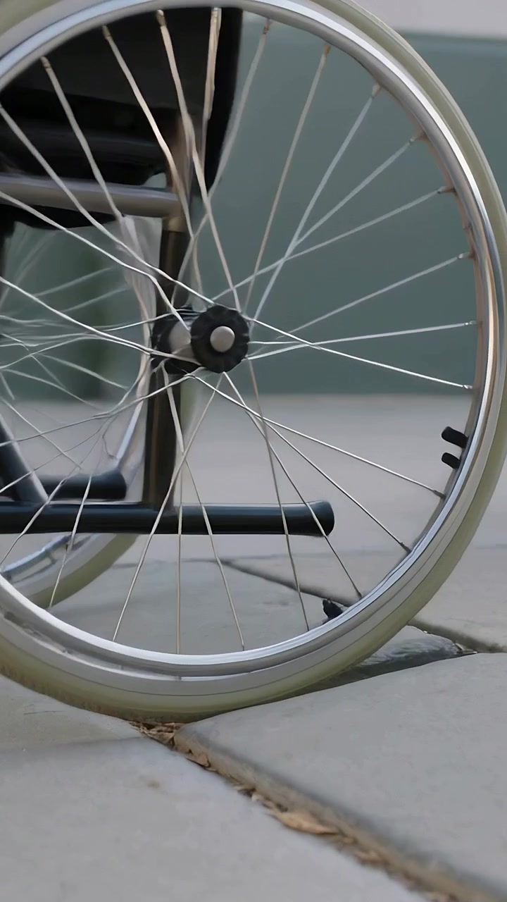 Video verticale: Una mano che afferra avvia la ruota posteriore di una sedia a rotelle che rotola su una giunzione di pavimentazione su un sentiero.