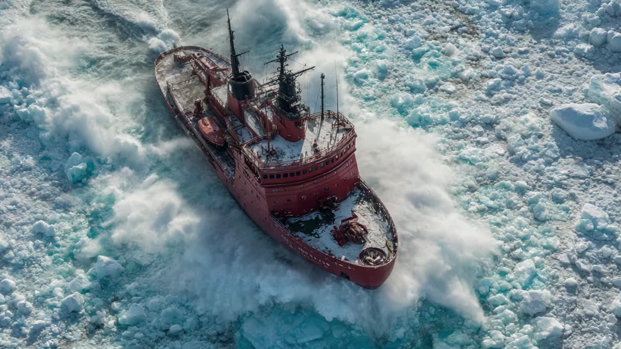 A Powerful Icebreaker Ship Navigating Through Dense Ice Floes, Showcasing Its Strength and Engineering Marvel in Harsh Arctic Conditions