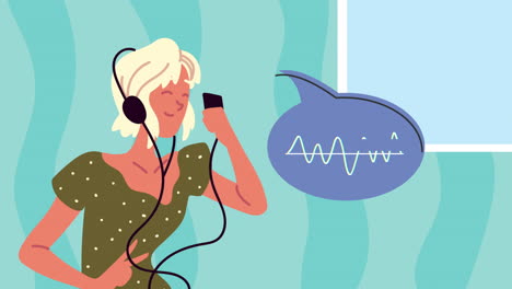 blond young woman listening music with speech bubble