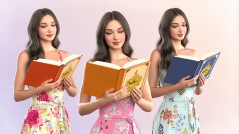three young women reading books