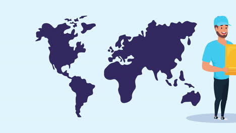 logistic service worker with world map and box