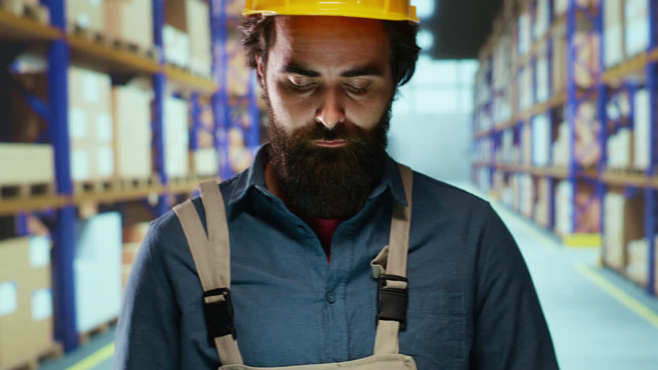 Depot supervisor looking at pallet goods while checking cargo