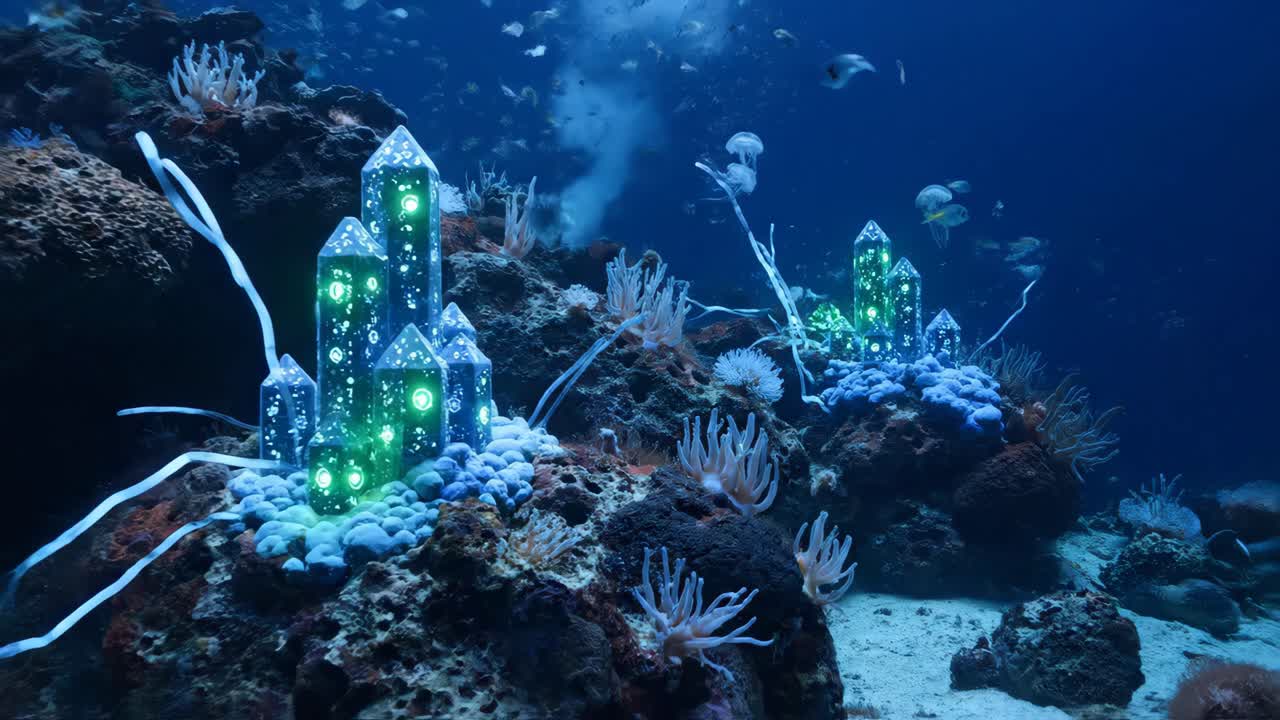 Underwater Scene with Jellyfish and Glowing Structures