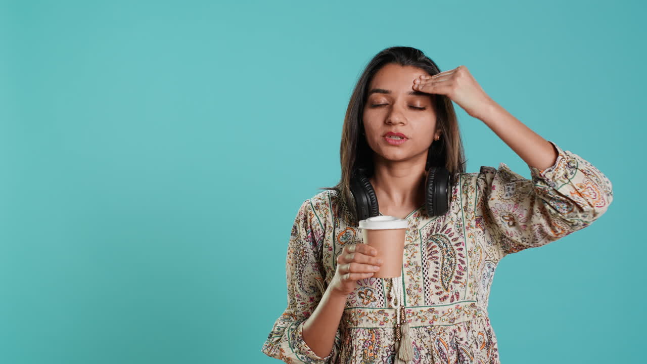 Sleepy woman yawning, sipping coffee to gain energy and get rid of headache