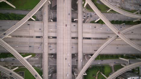 Birds-eye-view-of-I-10-West-and-East-freeway-in-Houston,-Texas