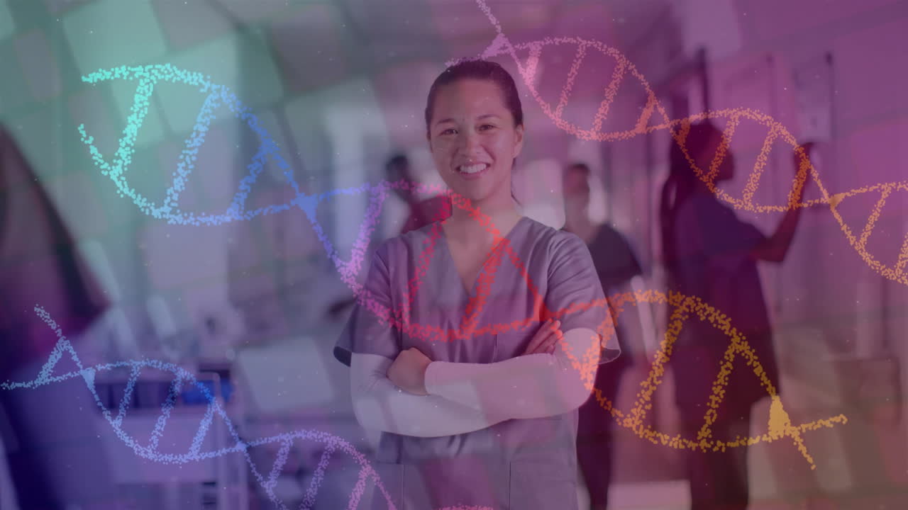 animação de fios de dna sobre uma médica biracial no hospital