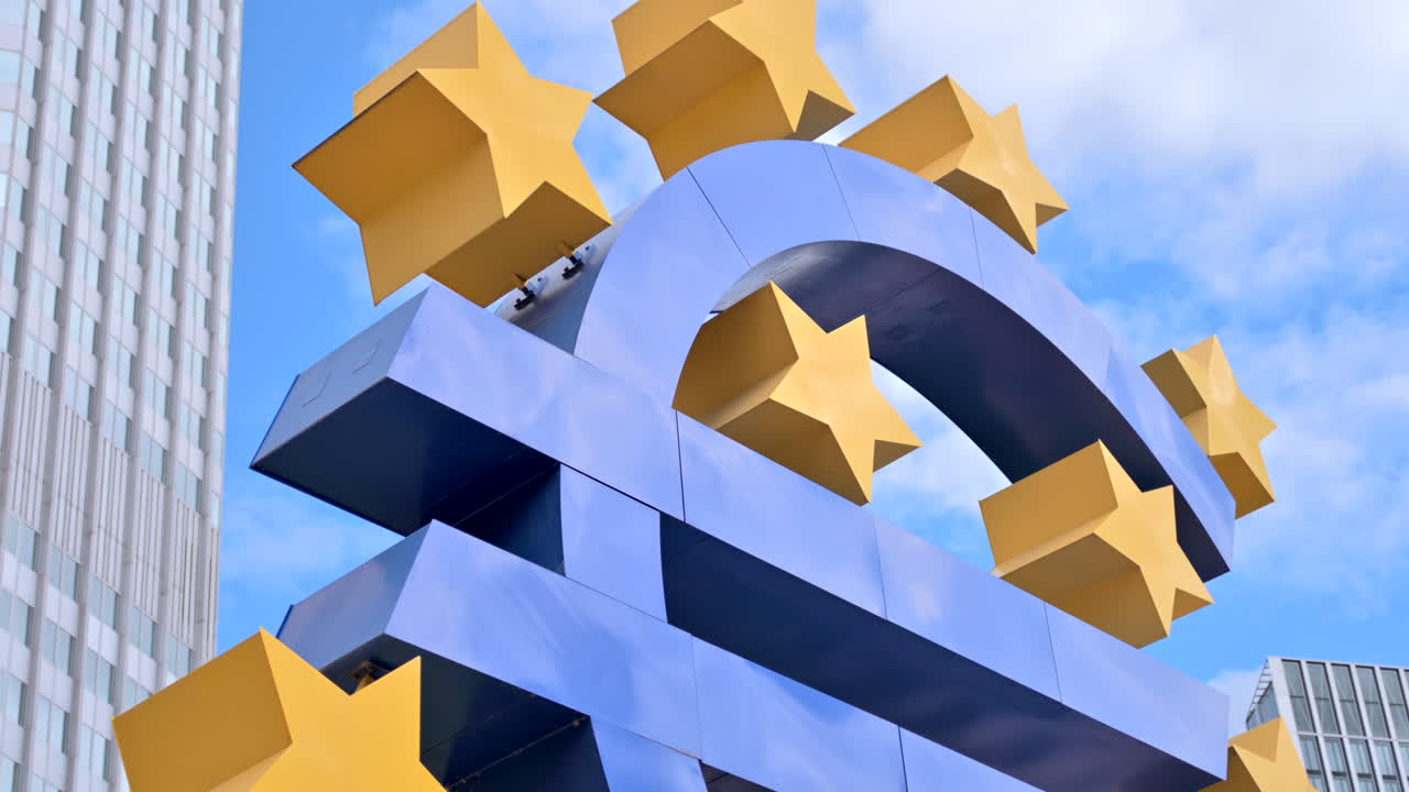 Frankfurt, Germany - 14 September, 2022: Blue euro sign in front of the European Central Bank