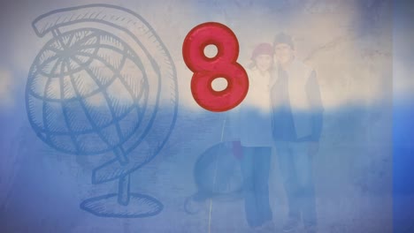 animation of balloon with number 8 over caucasian couple and globe