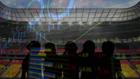 statistical data processing against silhouette of fans cheering and sports stadium in background