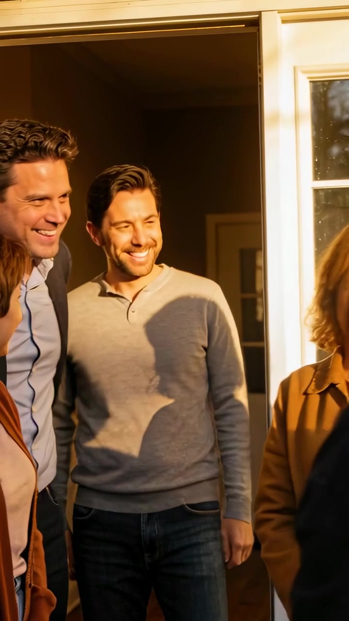 Video verticale: Famiglia che arriva e saluta, allontanandosi dalla porta, anello visibile nei maglioni.