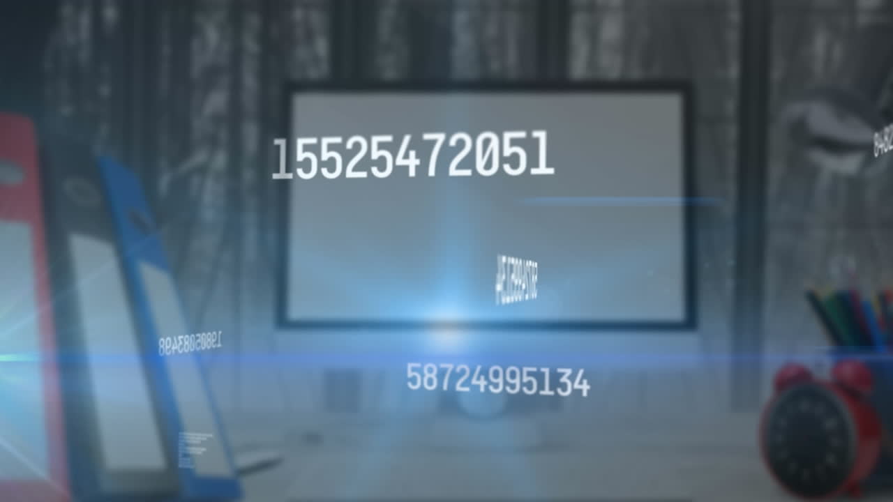 animación de números cambiantes y punto de luz azul contra el escritorio de la oficina