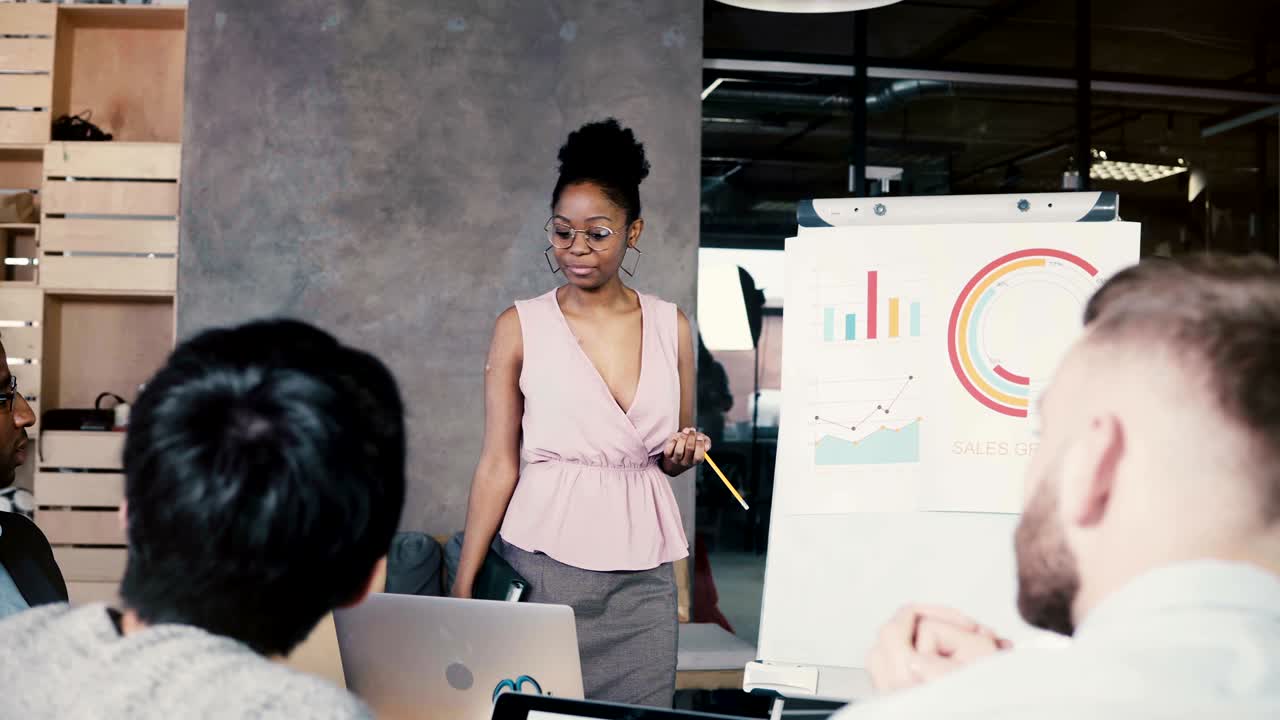 Female team leader explaining data on flip chart. Modern multiethnic financial business meeting in trendy coworking 4K