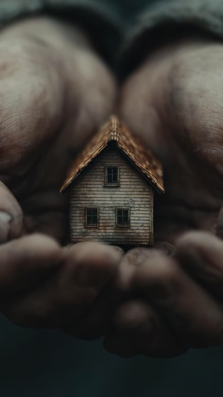 Een boeiende afbeelding van handen die een miniatuur houten huis vasthouden, als symbool van zorg, veiligheid en het concept van thuis in een prachtig vervaardigde scène