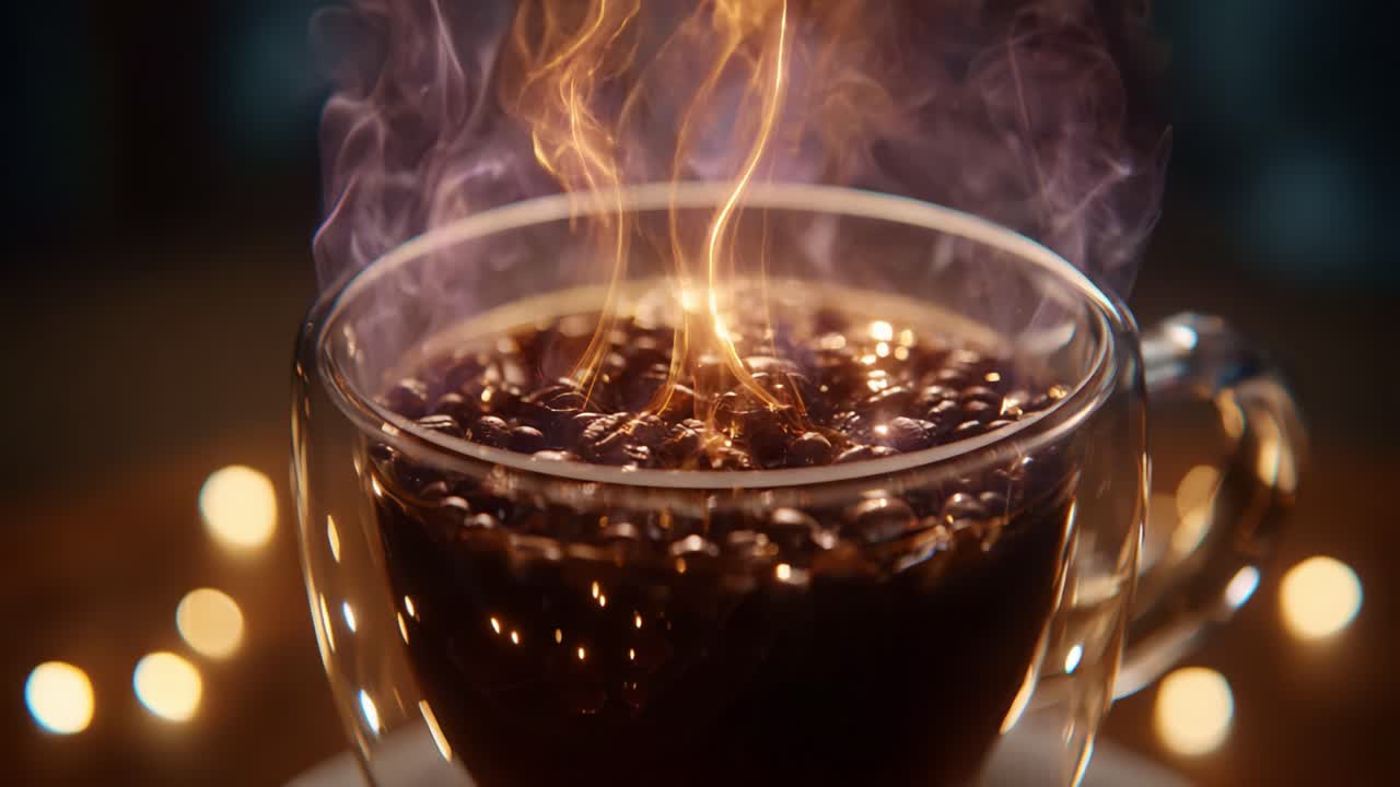 Dampende kaffekopp: Fengslende aroma og varme i en glasskopp fylt med fyldige kaffebønner og herlige smaker, en nydelig drikkeopplevelse