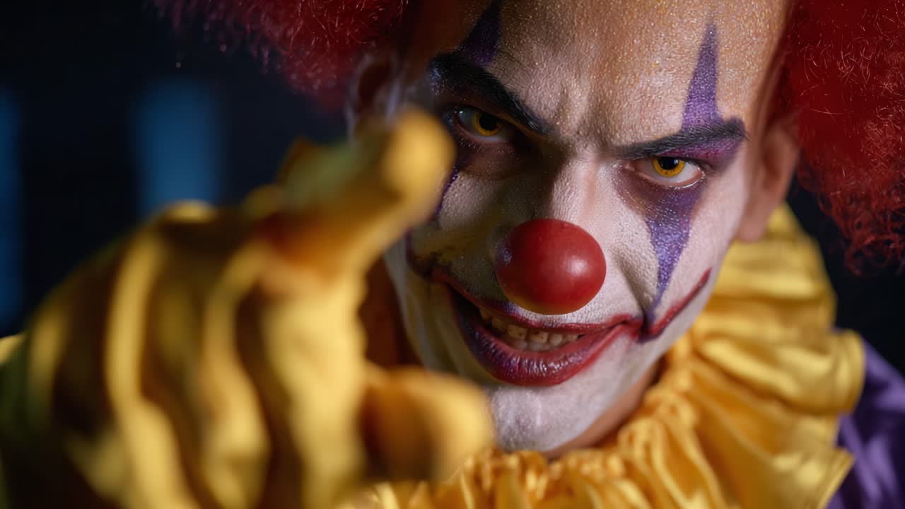 A menacing clown with vivid makeup and a colorful costume captures attention, portraying a sinister expression that evokes a sense of fear and intrigue