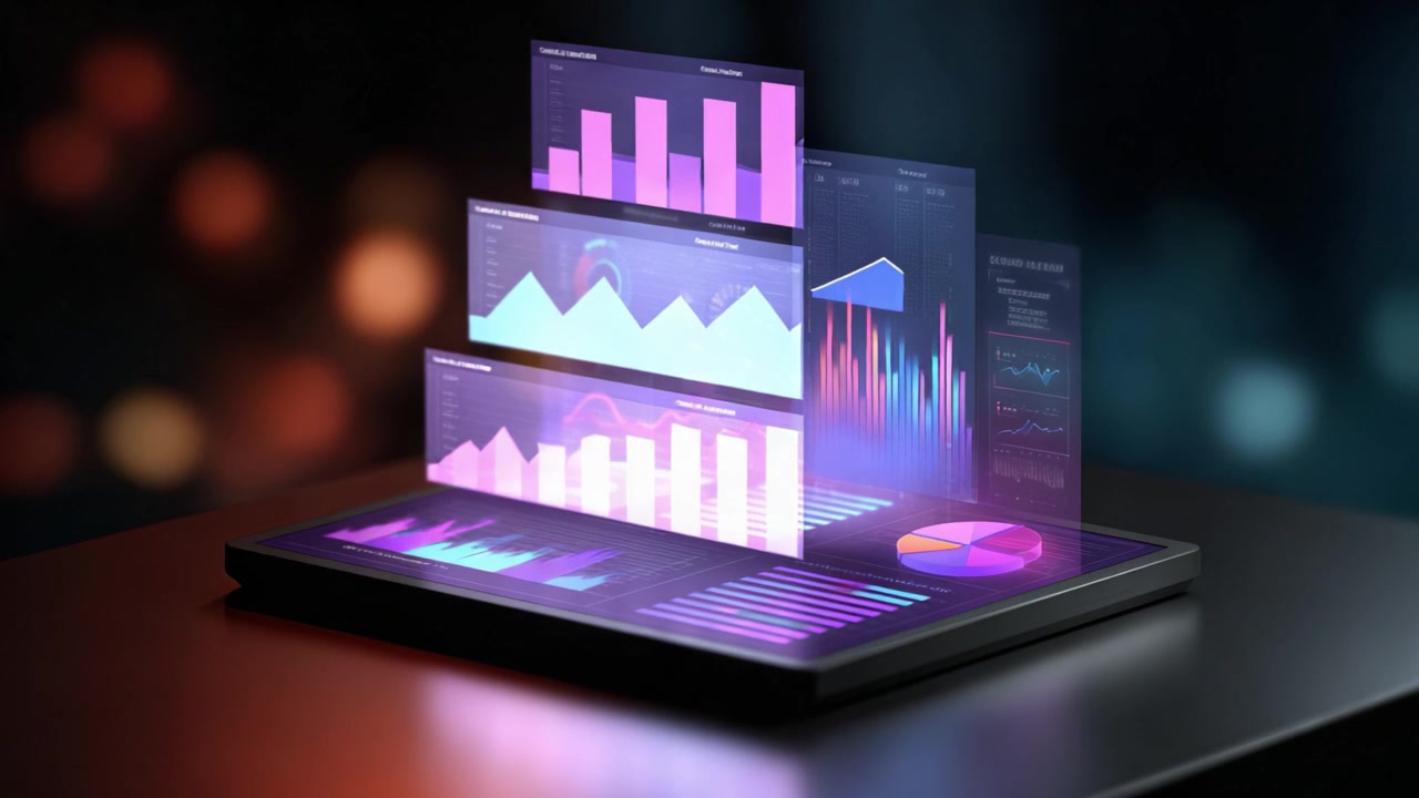 Dynamic Data Visualization on a Sleek Digital Tablet Displaying Colorful Charts, Graphs, and Analytics Representing Business Metrics and Performance Insights