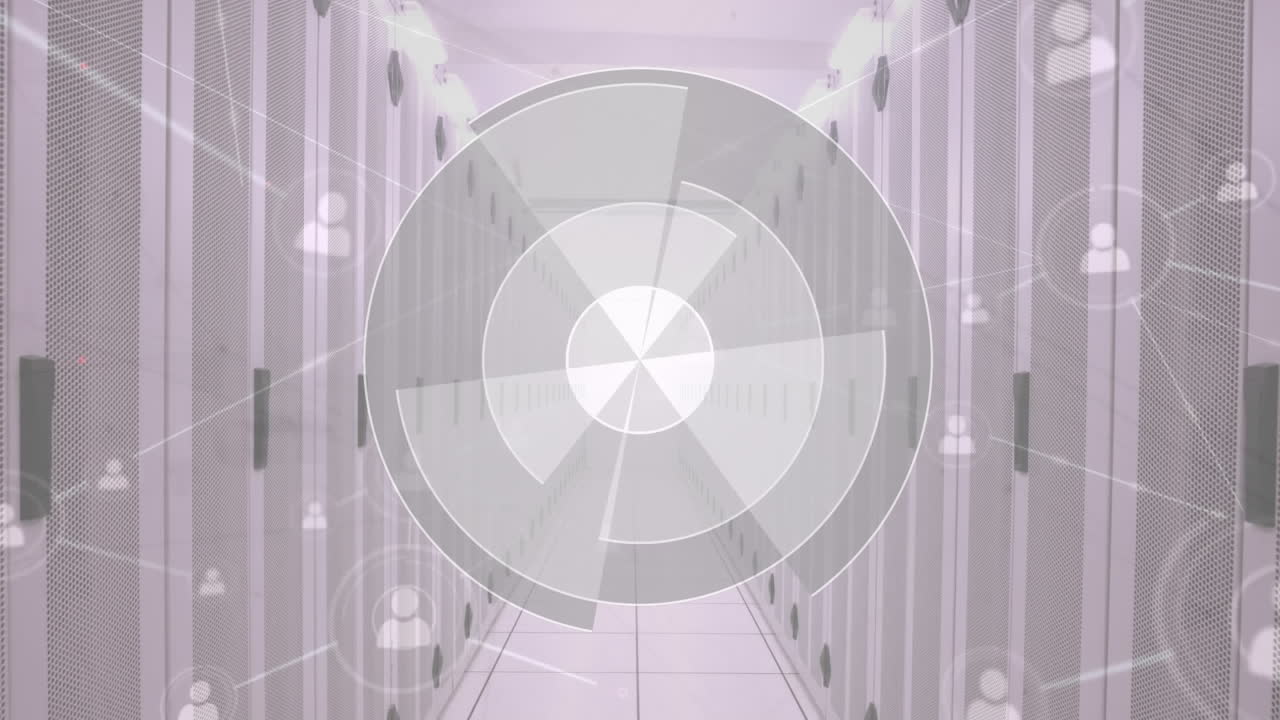 스 스캔의 애니메이션, 아이콘을 가진 네트워크 및 컴퓨터 서버를 통해 데이터 처리