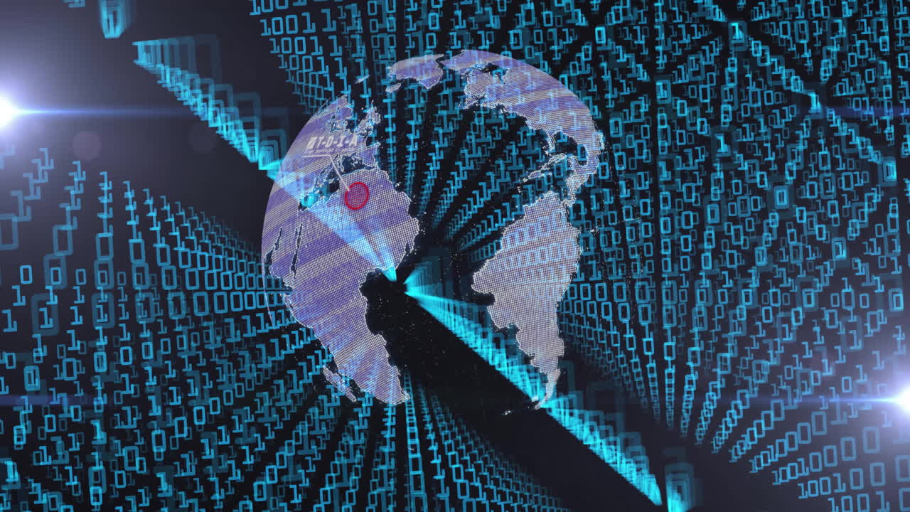 animazione di globo rotante e icone di viaggio su codifica binaria