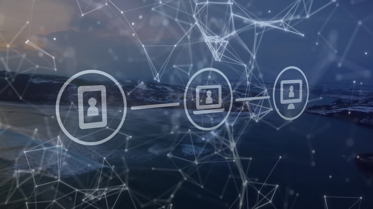 Three device icons connecting over coastal landscape, showing glowing network mesh in 3D render