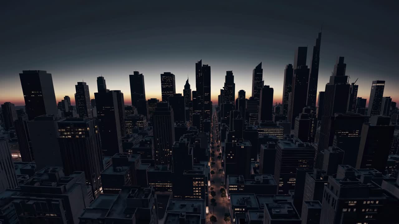 Vista aérea de un paisaje urbano por la noche, con calles poco iluminadas y rascacielos