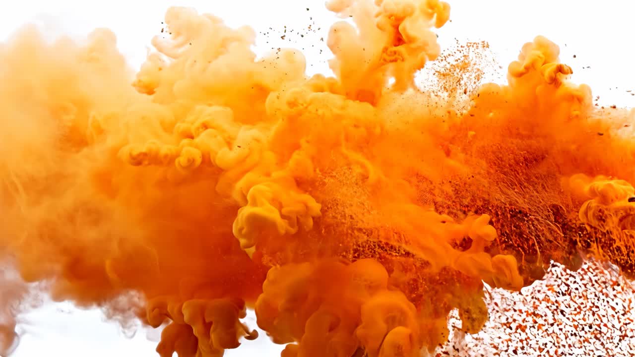 A large orange cloud of smoke is billowing out of a fire. The smoke is thick and billowing, creating a sense of chaos and destruction. The orange color of the smoke contrasts with the white background