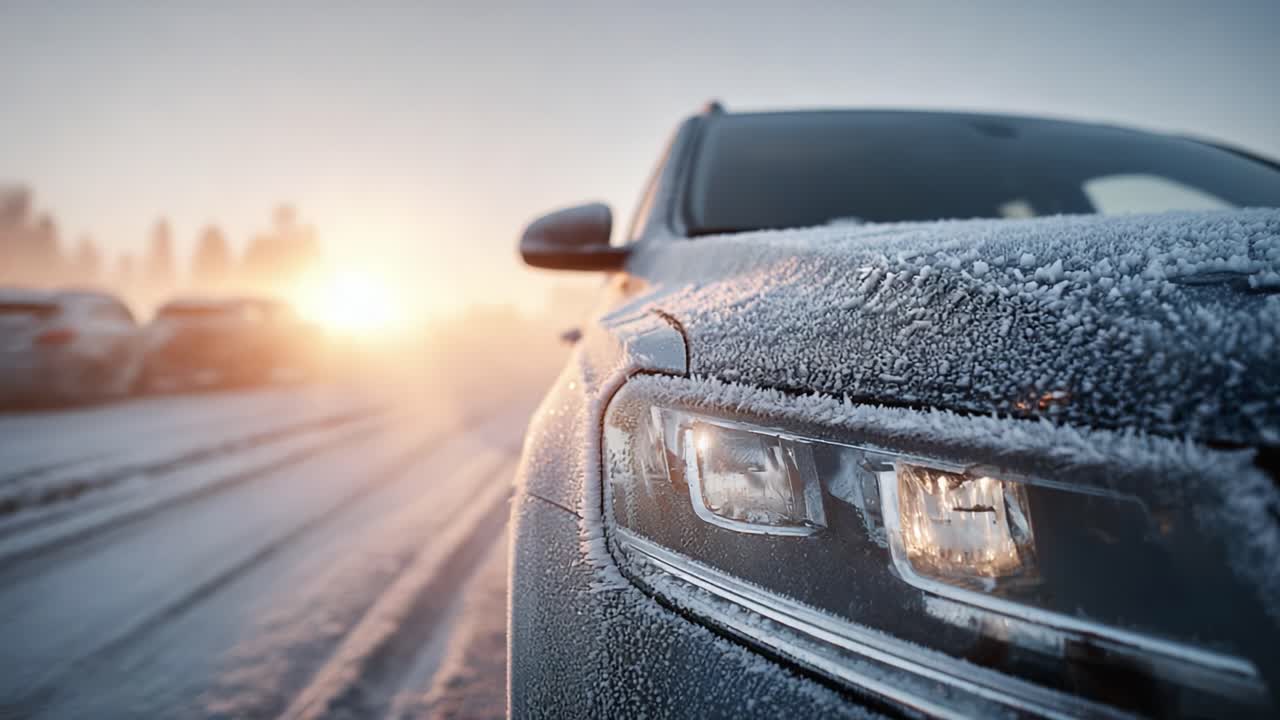 A Frosty Automobile at Dawn: Capturing the Beauty of a Morning Frost on a Car Surrounded by a Winter Landscape with a Glimpse of the Sun Rising