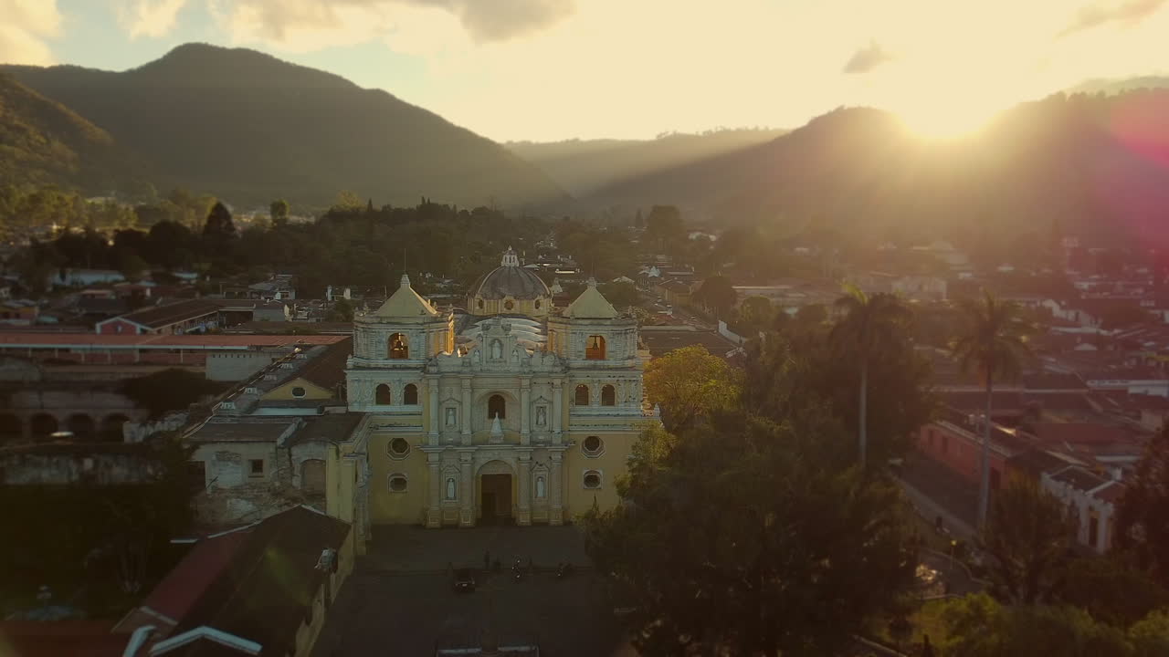 Drone fly towards La Merced Church in Antigua, Guatemala