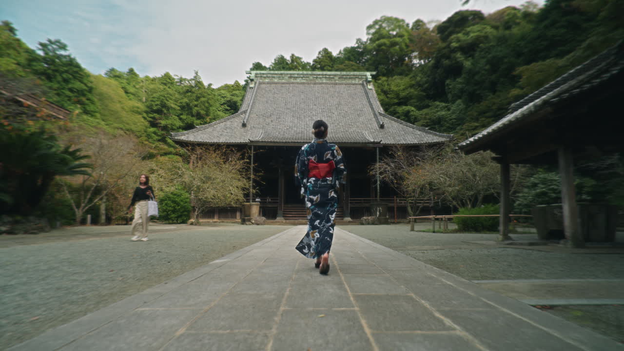 Woman in Kimono at Traditional Temple