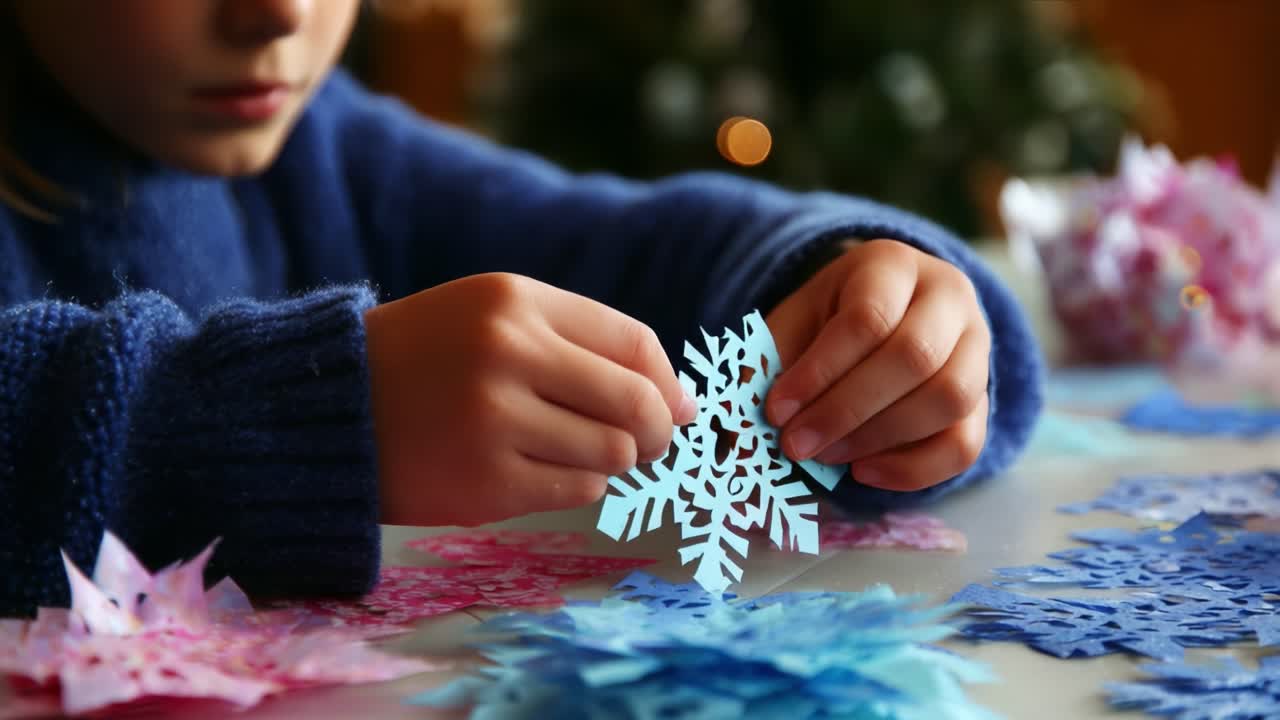 A young child meticulously creates colorful paper snowflakes, showcasing a blend of creativity and festive spirit while surrounded by a variety of handcrafted snowflake designs