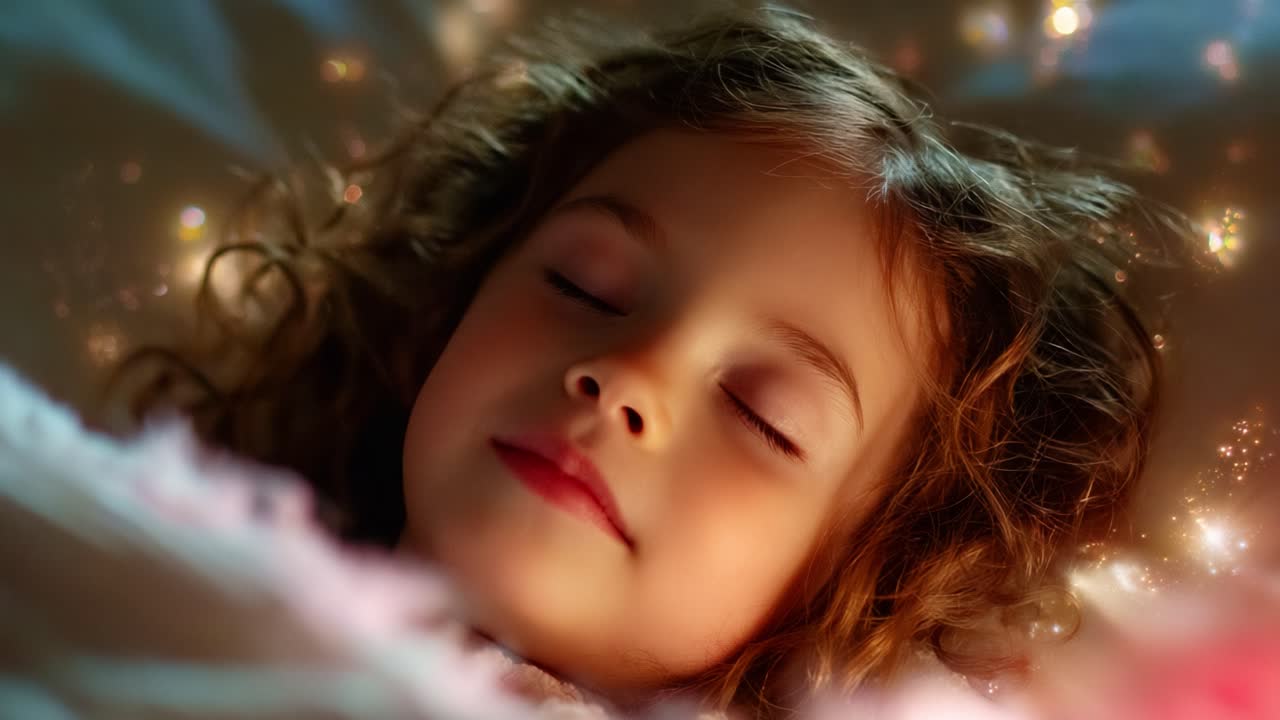 A Serene Night: A Young Child Embraces Peaceful Slumber, Surrounded by a Dreamy Atmosphere of Soft Lights and Gentle Textures, Capturing the Essence of Childhood Innocence and Calmness