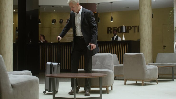 Man sitting on the sofa in the hotel reception area