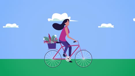 happy womens day card with woman in bicycle in the field