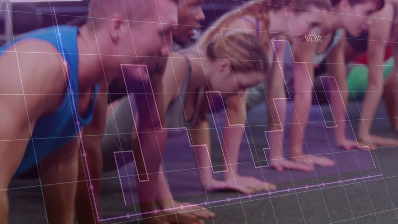 Træningsgruppe holder planke, sænker sig og presser op, mens en HUD-timer vises, med tempo.