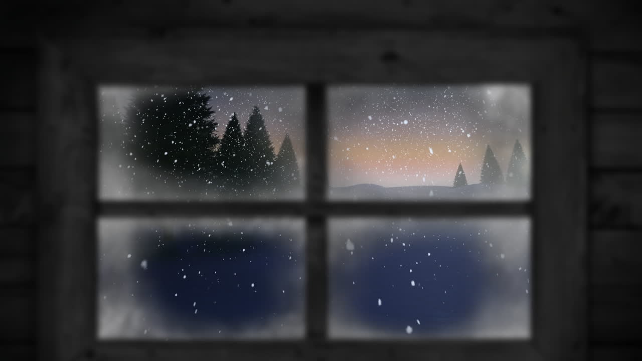 창문을 통해 볼 수 있는 크리스마스 겨울 풍경 위에 내리는 눈의 애니메이션